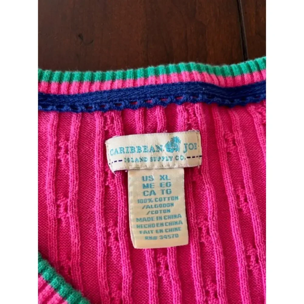 Caribbean Joe Size XL V-Neck Preppy Pink Sweater‎ 100% Cotton